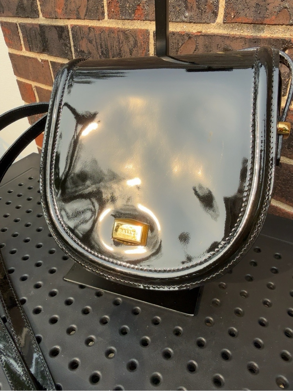 Bally Black Patent Leather Saddle Crossbody Shoulder Bag Gold Hardware - Picture 2 of 15